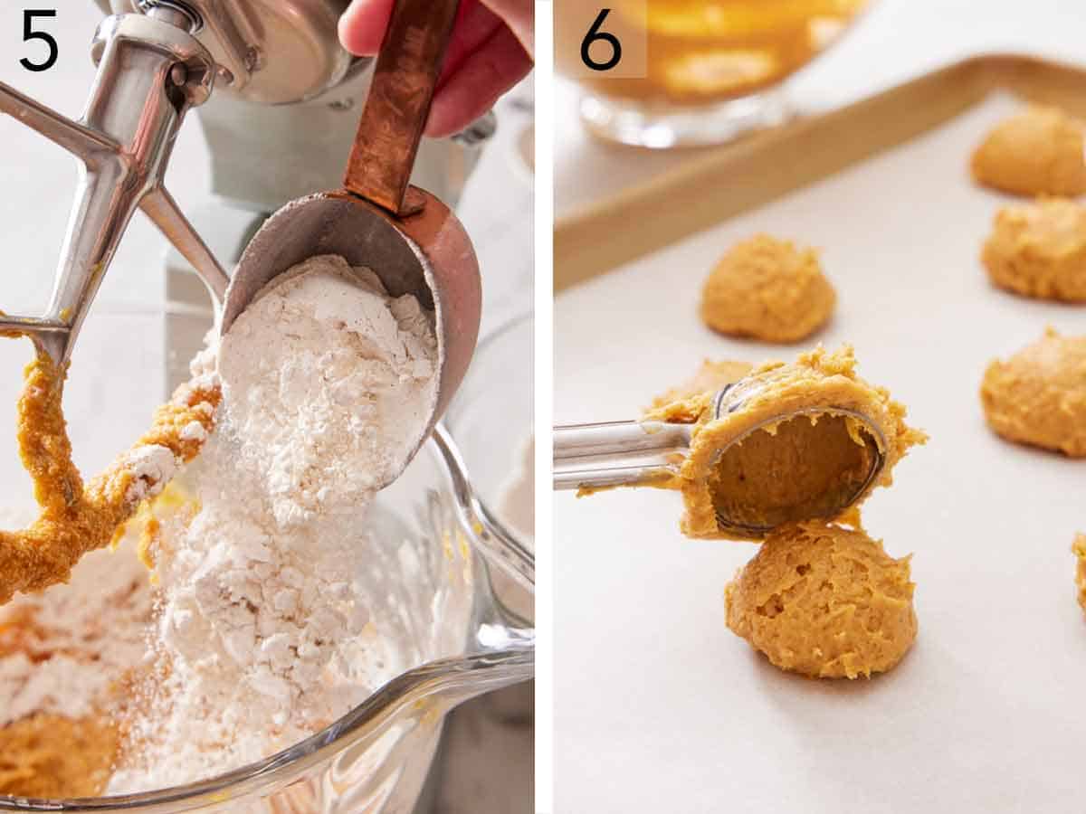 Set of two photos showing dry ingredients added to the mixer and batter scooped onto a lined sheet pan.