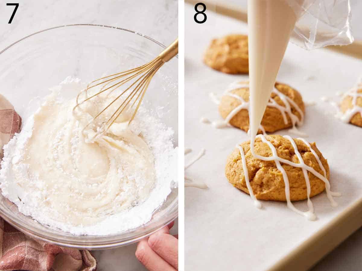 Set of two photos showing icing whisked in a bowl and drizzled over a cookie.