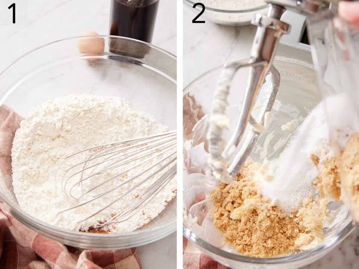 Set of two photos showing dry ingredients whisked together and sugars added to a mixing bowl.