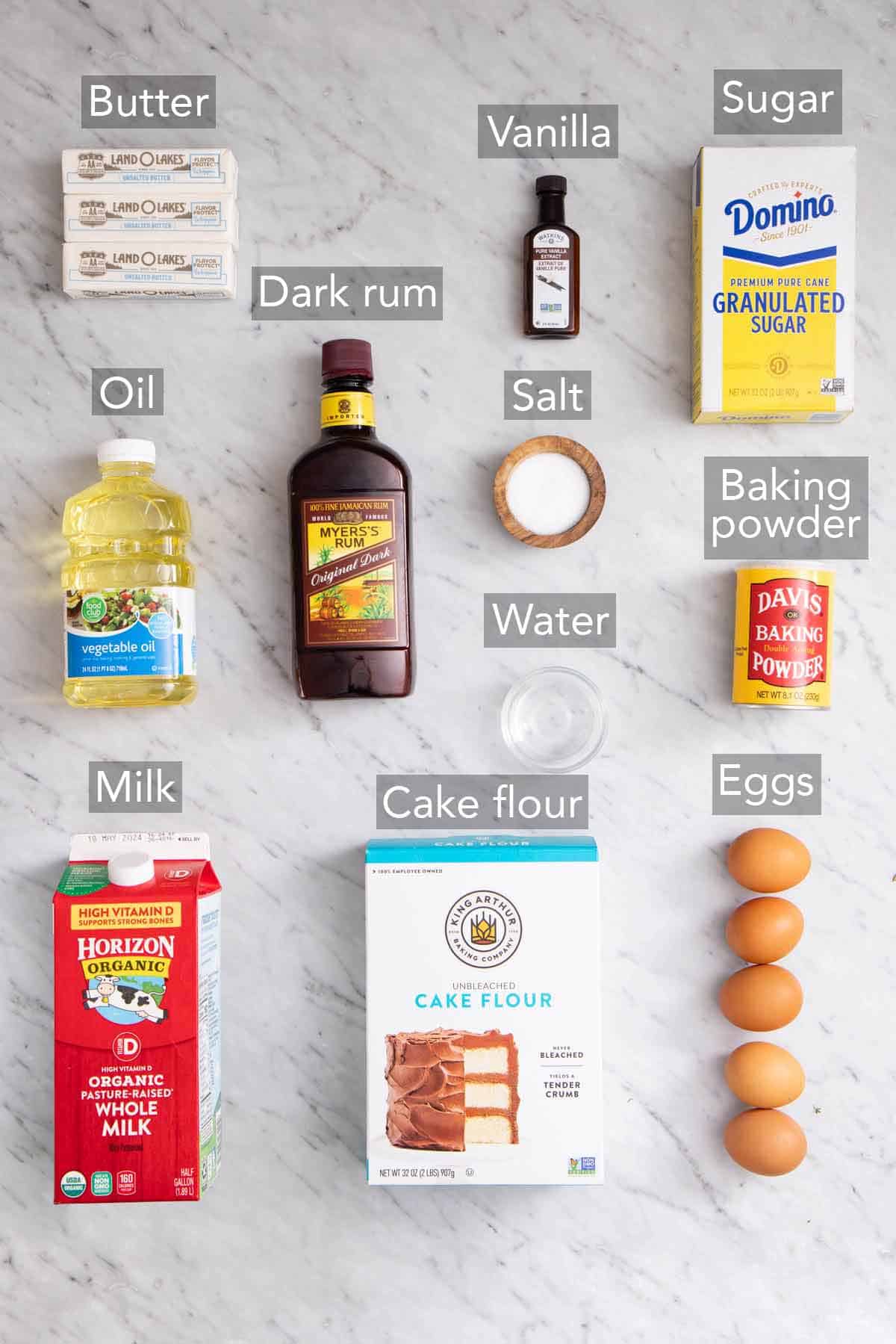 Ingredients needed to make rum cake.