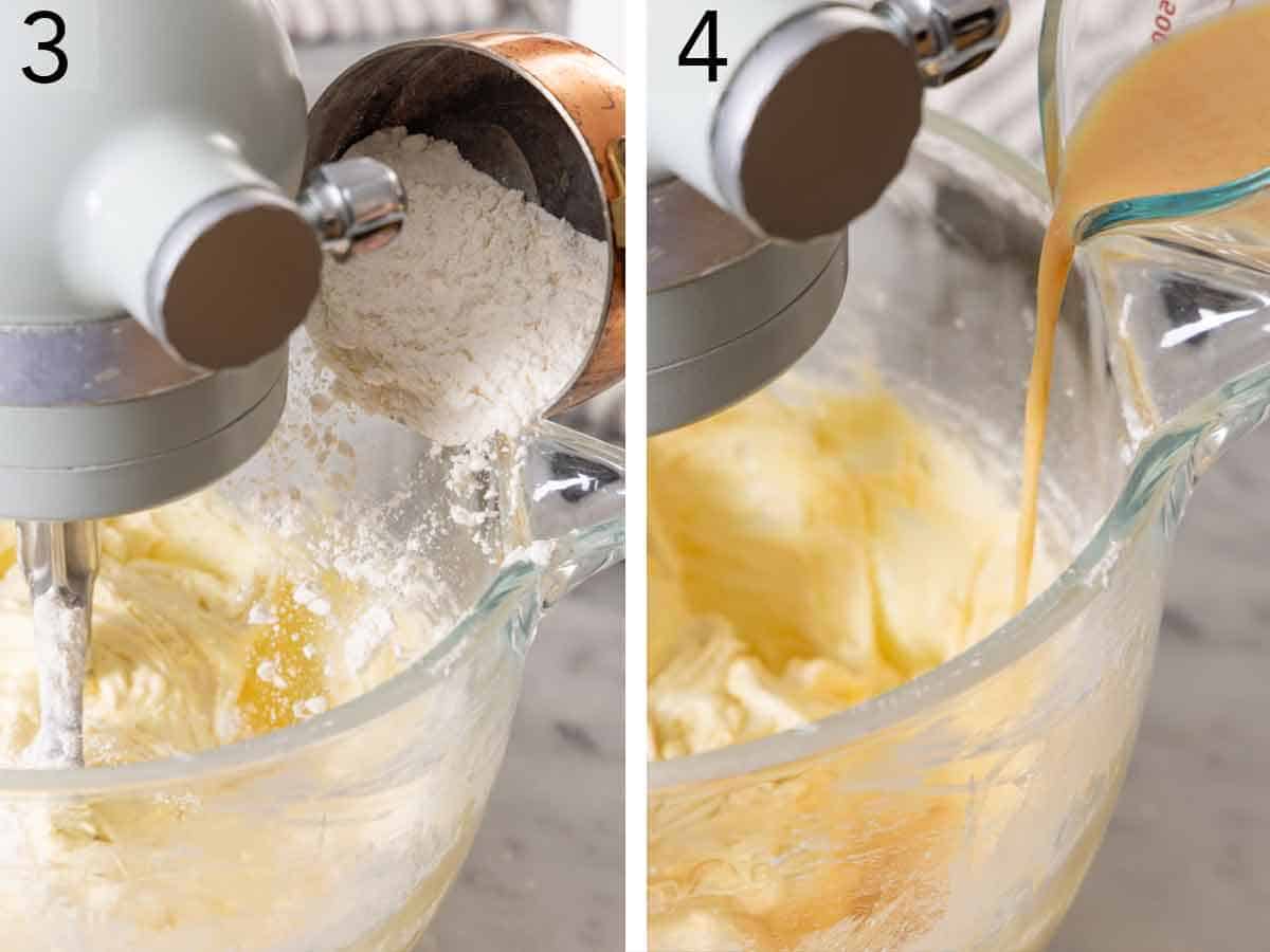 Set of two photos showing dry ingredients and wet ingredients added to the mixer.