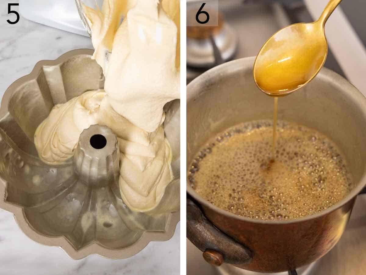 Set of two photos showing batter added to a baking dish and glaze being cooked in a sauce pot.