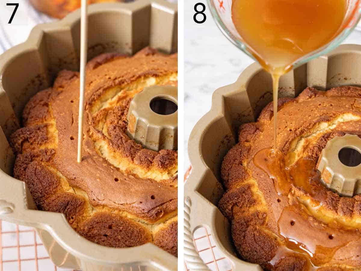 Set of two photos showing holes poked into the cake and glaze poured over the cake.