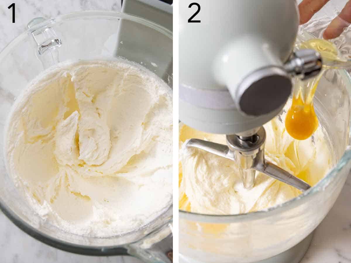 Set of two photos showing butter creamed and eggs added.