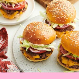 Pinterest graphic of smash burgers on a serving platter and one plated in the background.