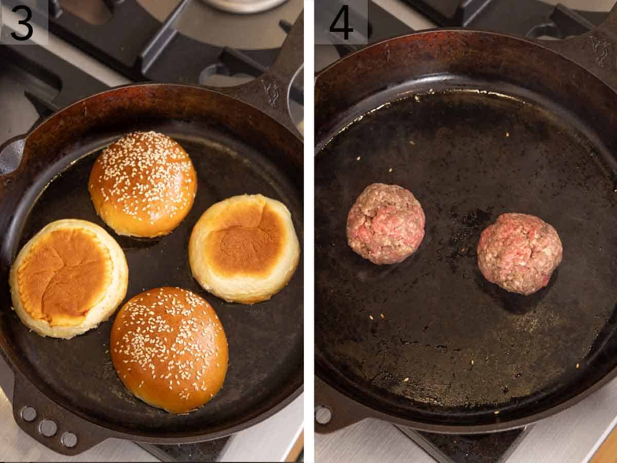 Set of two photos showing buns toasted in a cast iron skillet then beef balls placed in a skillet.