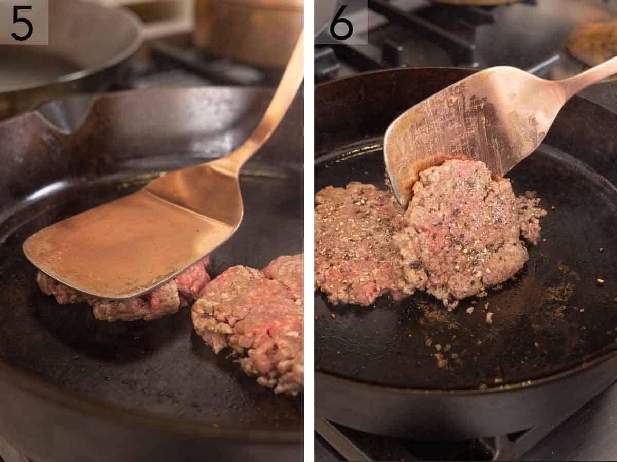 Set of two photos showing beef pressed down with a spatula then flipped.