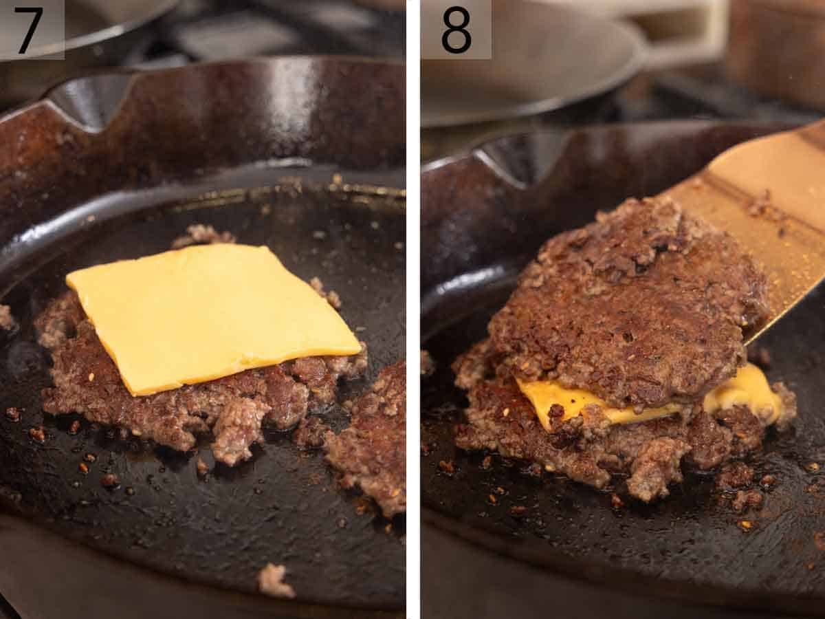 Set of two photos showing a slice of cheese placed over a smash burger patty and a second patty placed on top.