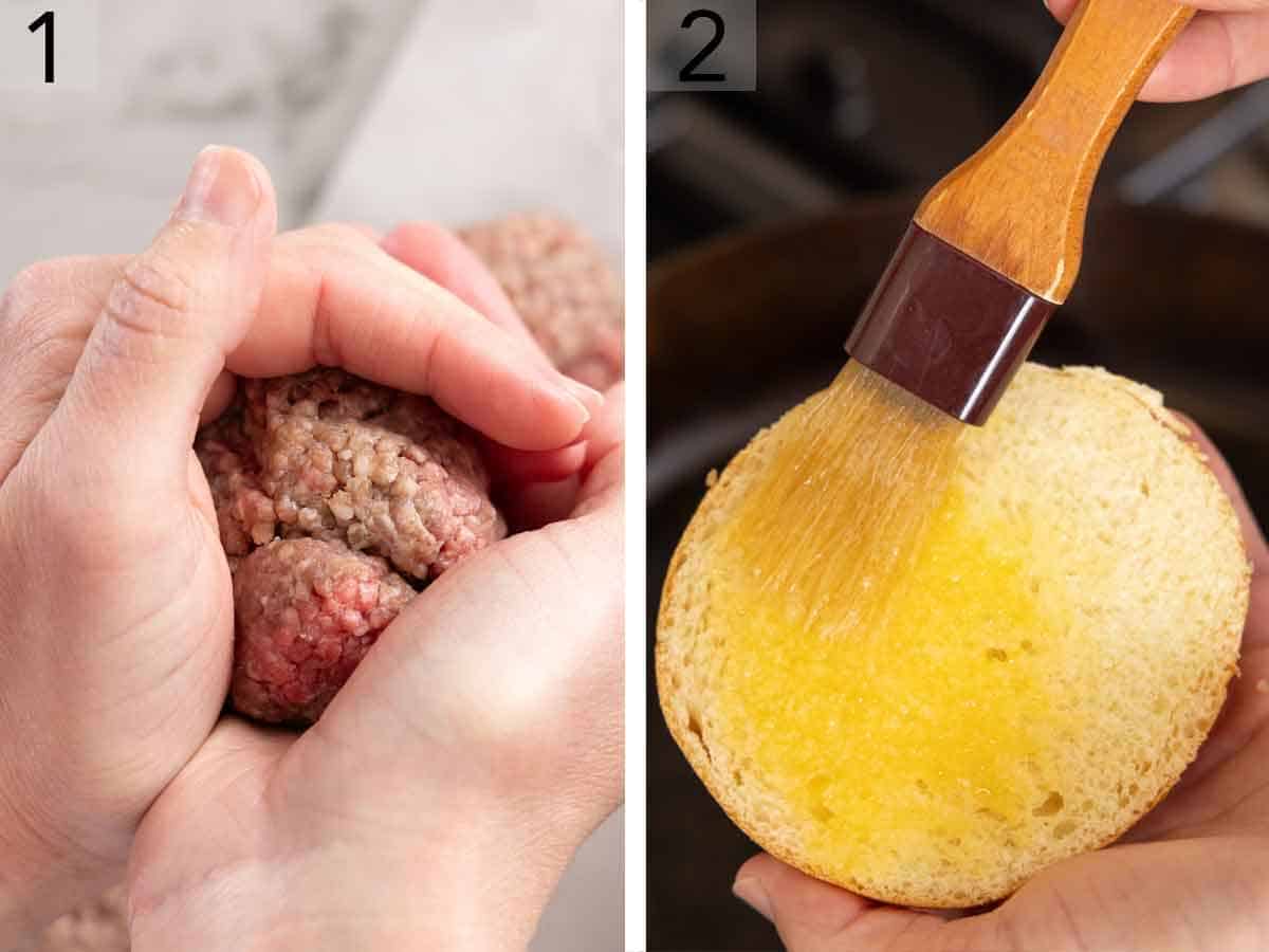 Set of two photos showing ground beef shaped into a ball and melted butter brushed onto a bun.