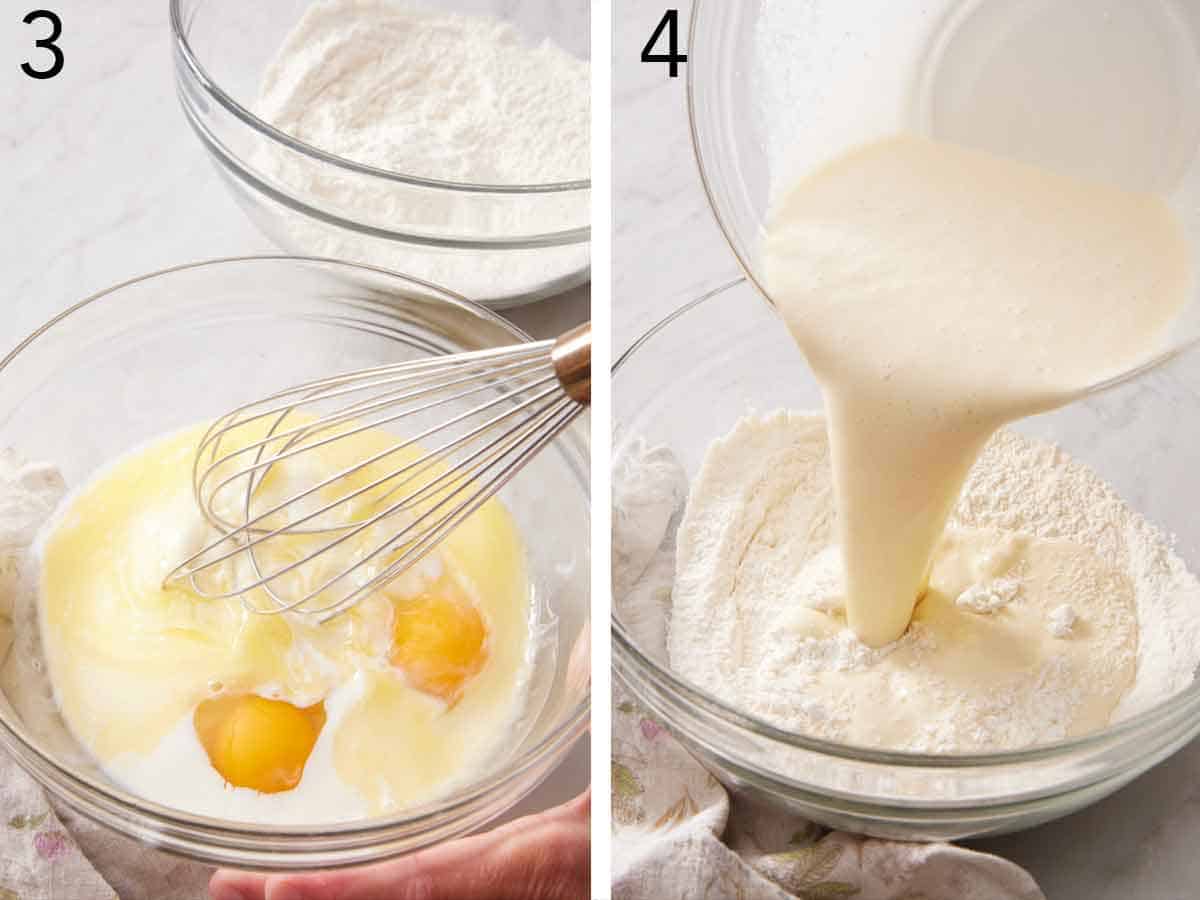 Set of two photos showing wet ingredients whisked and poured into the bowl of dry ingredients.