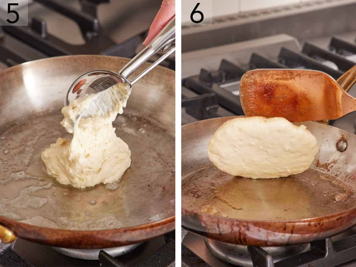 Set of two photos showing batter scooped into a greased pan and then flipped when ready.