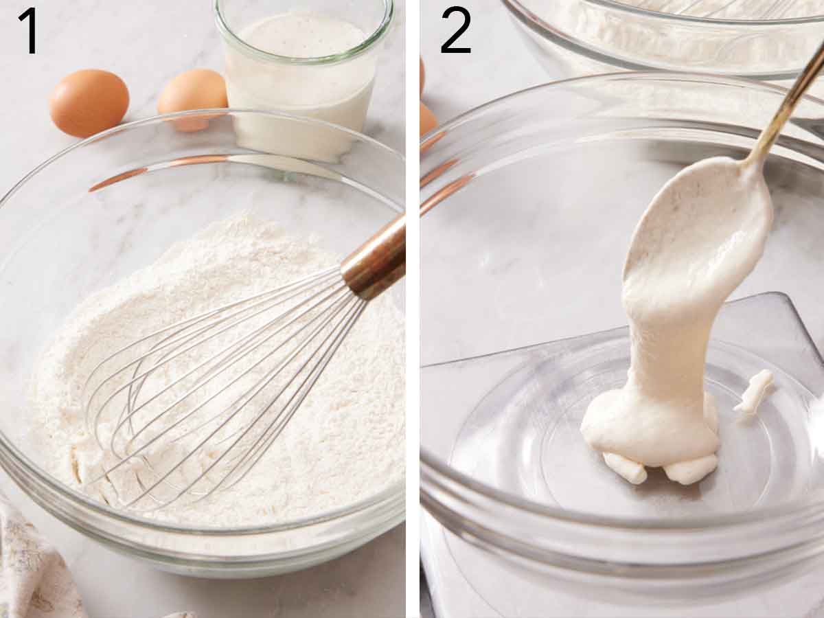 Set of two photos showing dry ingredients whisked and sourdough discard spooned into a bowl.