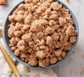 Pinterest graphic of a bowl of streusel.