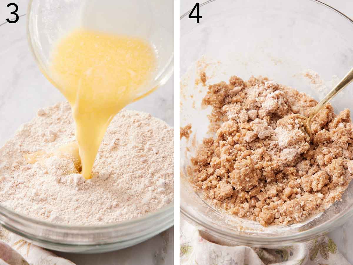 Set of two photos showing melted butter added to the bowl of dry ingredients and mixed.