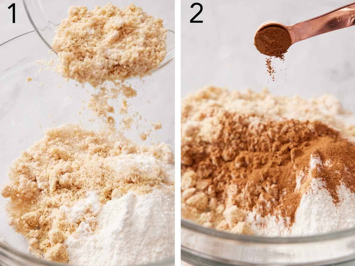 Set of two photos showing brown sugar and ground cinnamon added to a bowl of flour.