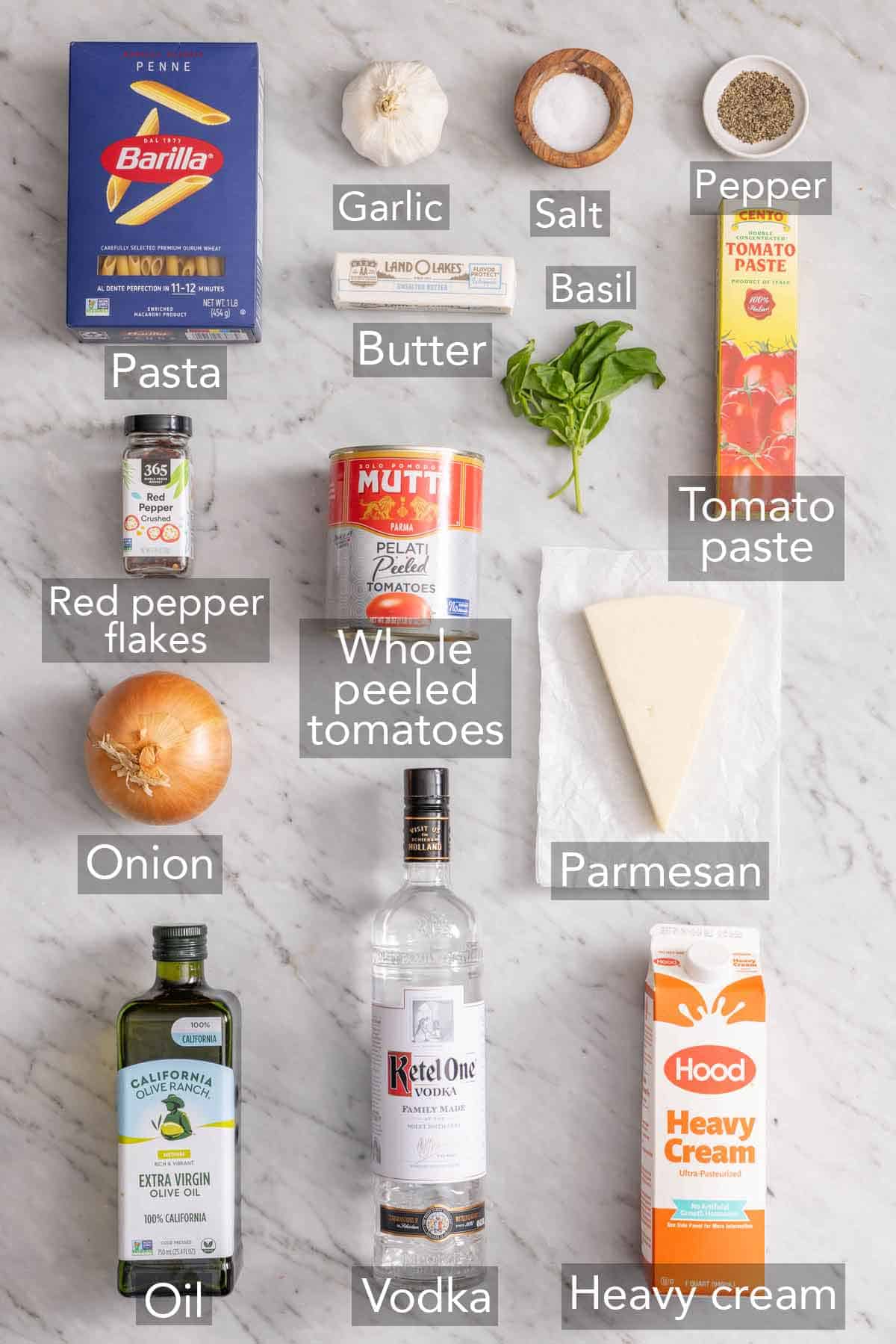 Ingredients needed to make vodka sauce.