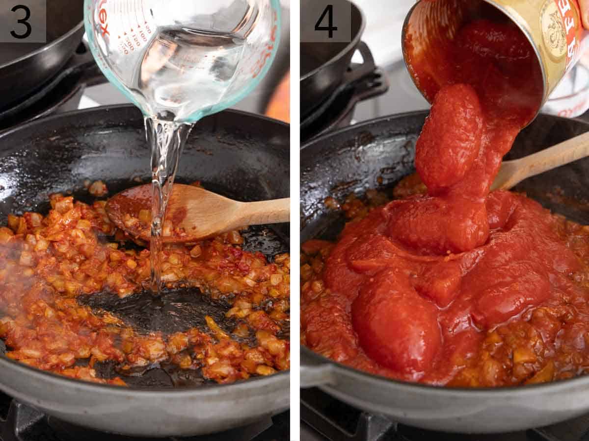 Set of two photos showing vodka and tomatoes added to the skillet.