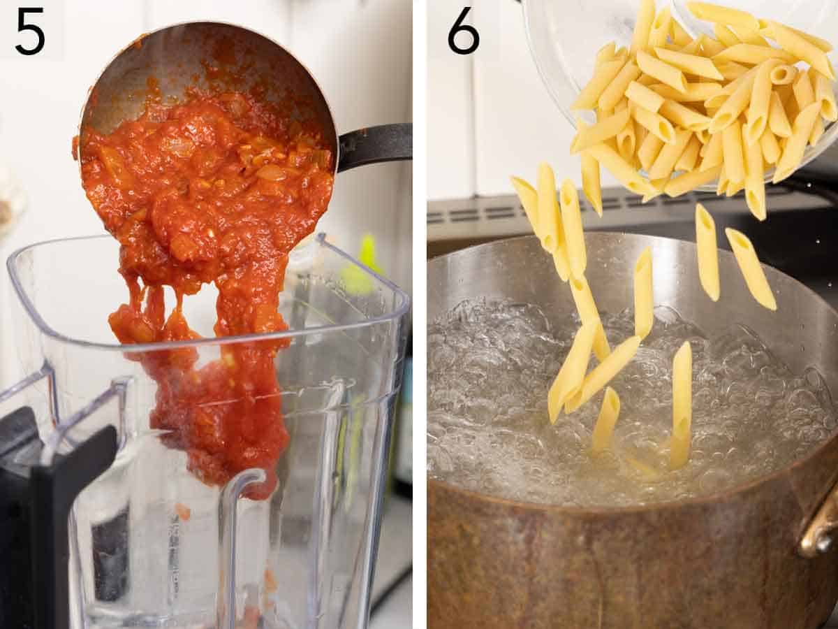 Set of two photos showing sauce added to a blender and pasta added to a pot of boiling water.