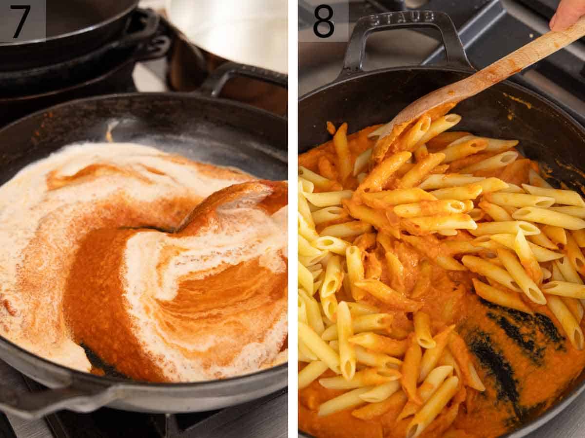 Set of two photos showing blended sauce stirred with cream and then pasta added to it.