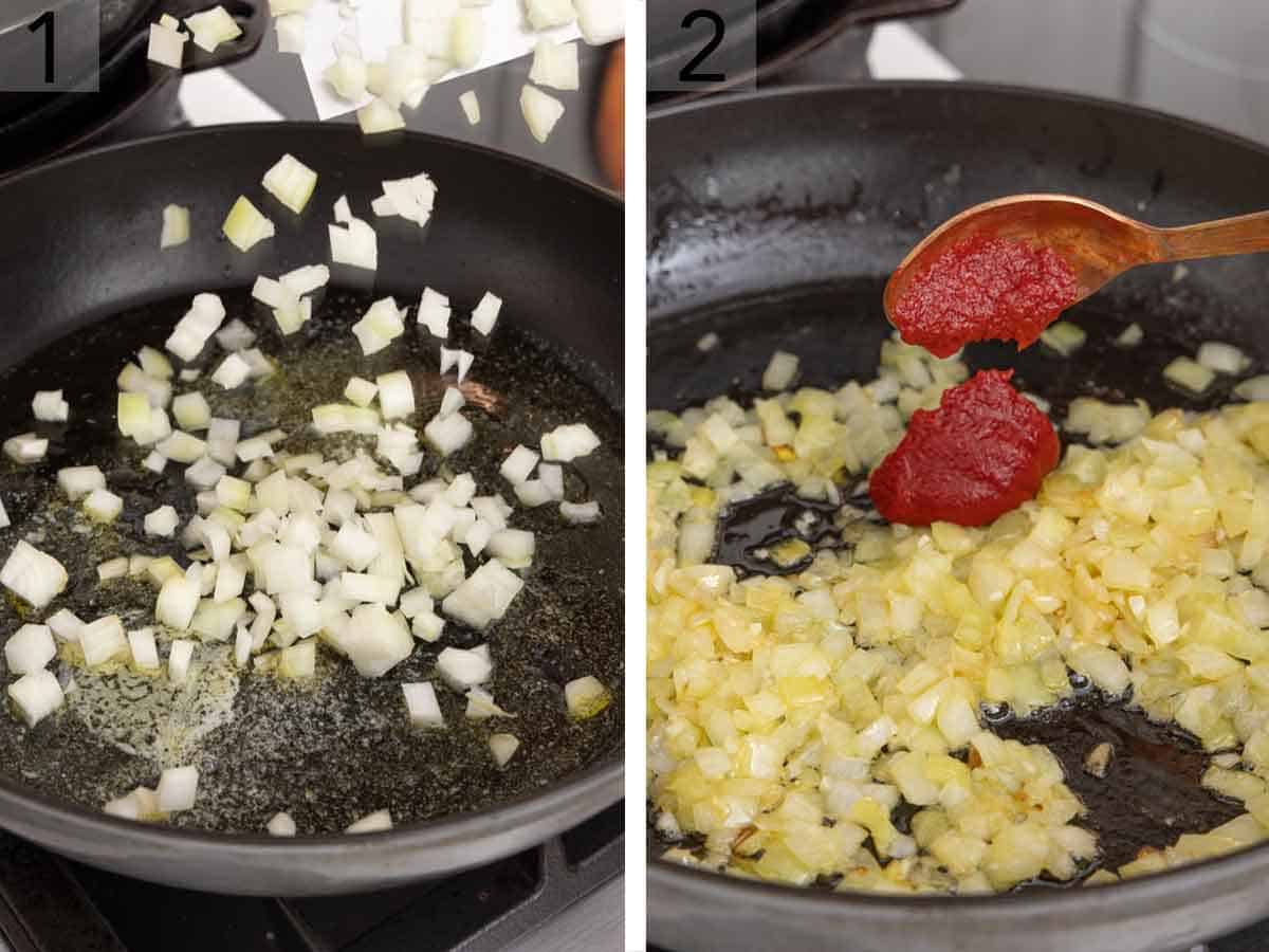 Set of two photos showing onions added to a skillet and then tomato paste added when the onions are cooked.