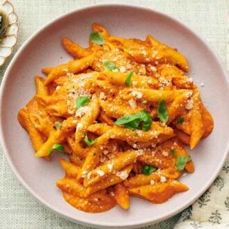 Overhead view of a pink plate of vodka sauce with fresh basil and parmesan cheese. More cheese in a bowl beside it.