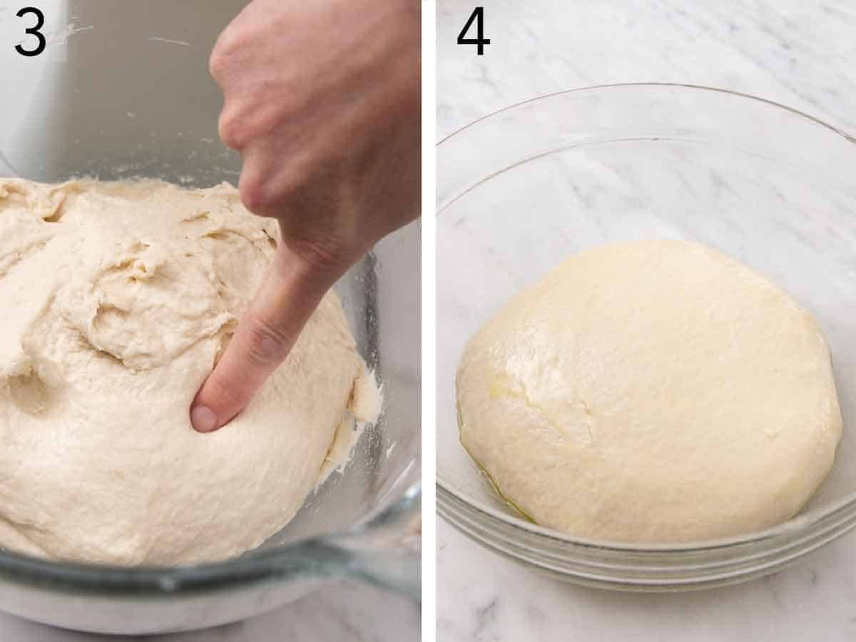 Set of two photos showing a finger pressing into bread dough and left to proof.