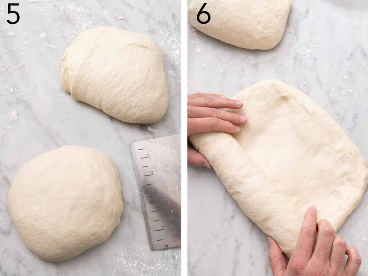 Set of two photos showing dough cut in half and turned into two dough balls and then rolled.