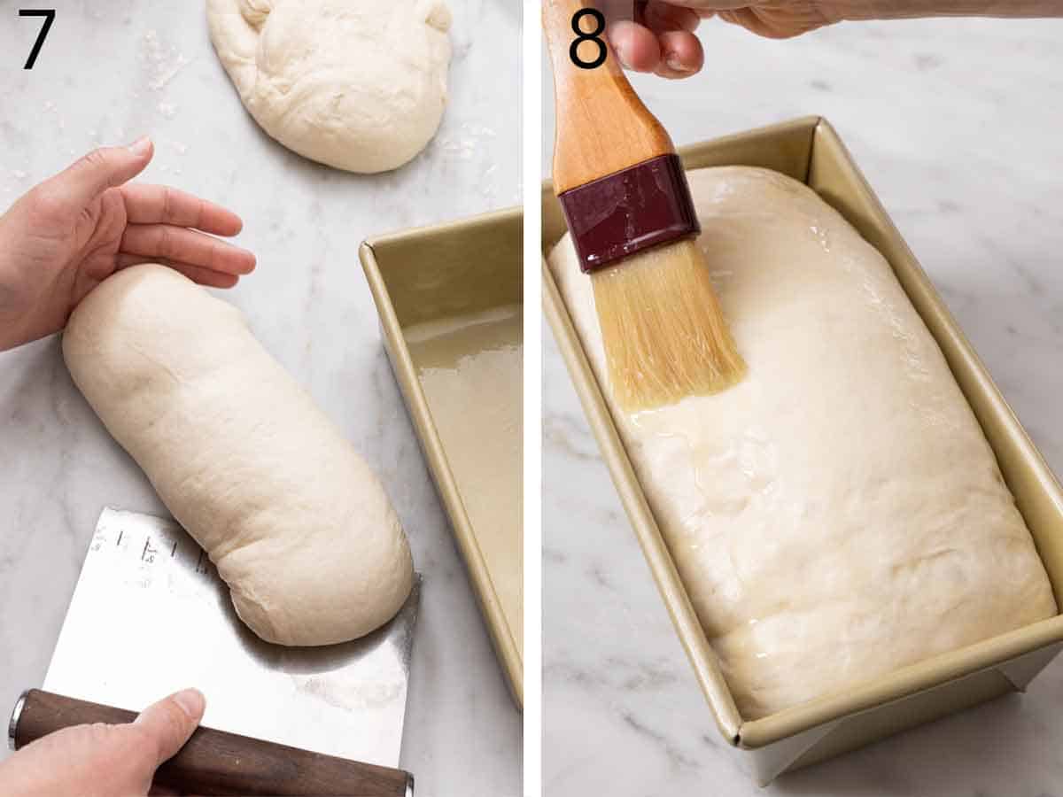 Set of two photos showing dough turned into a log being lifted into a baking pan and brushed with melted butter.