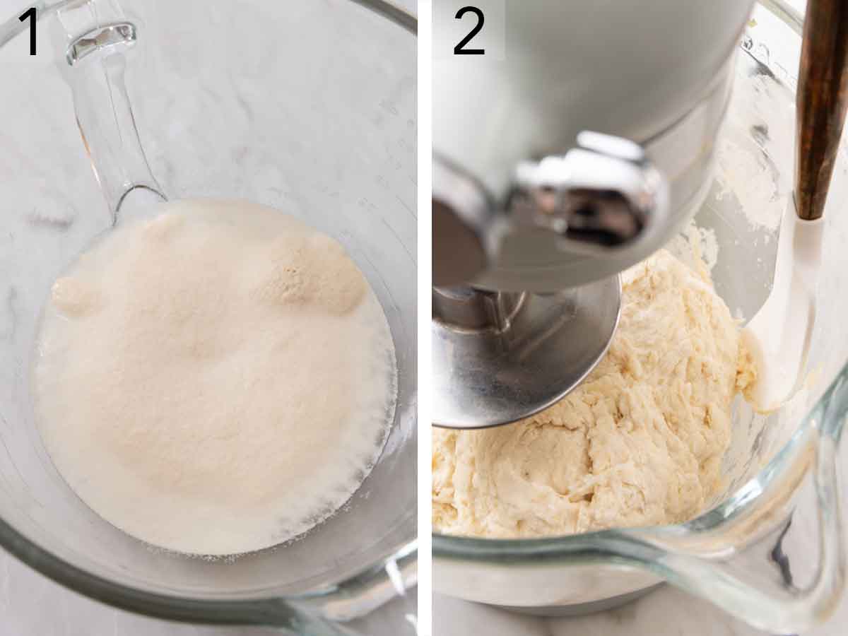 Set of two photos showing yeast blooming in a mixing bowl and dough mixed in a mixer.