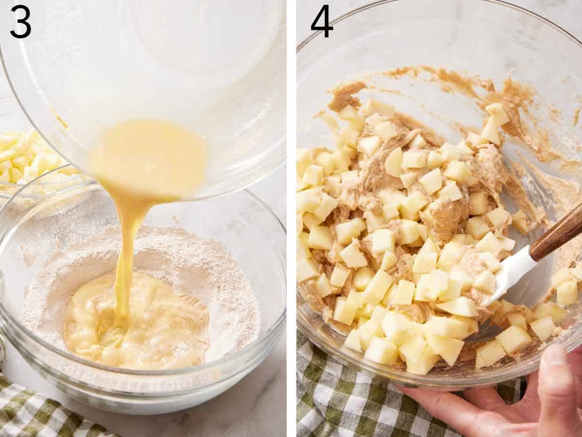 Set of two photos showing wet ingredient poured into dry ingredients and diced apples added.