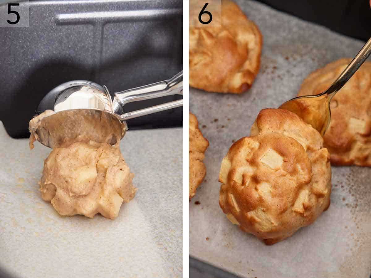 Set of two photos showing batter scooped onto a sheet of parchment and then flipped after air fried.