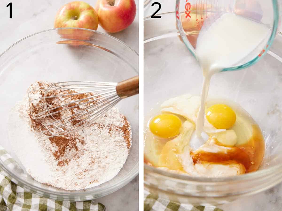 Set of two photos showing dry ingredients whisked together and wet ingredients added to another bowl.