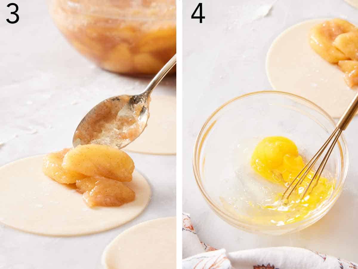 Set of two photos showing apple pie filling added to the crust and egg whisked in a bowl.