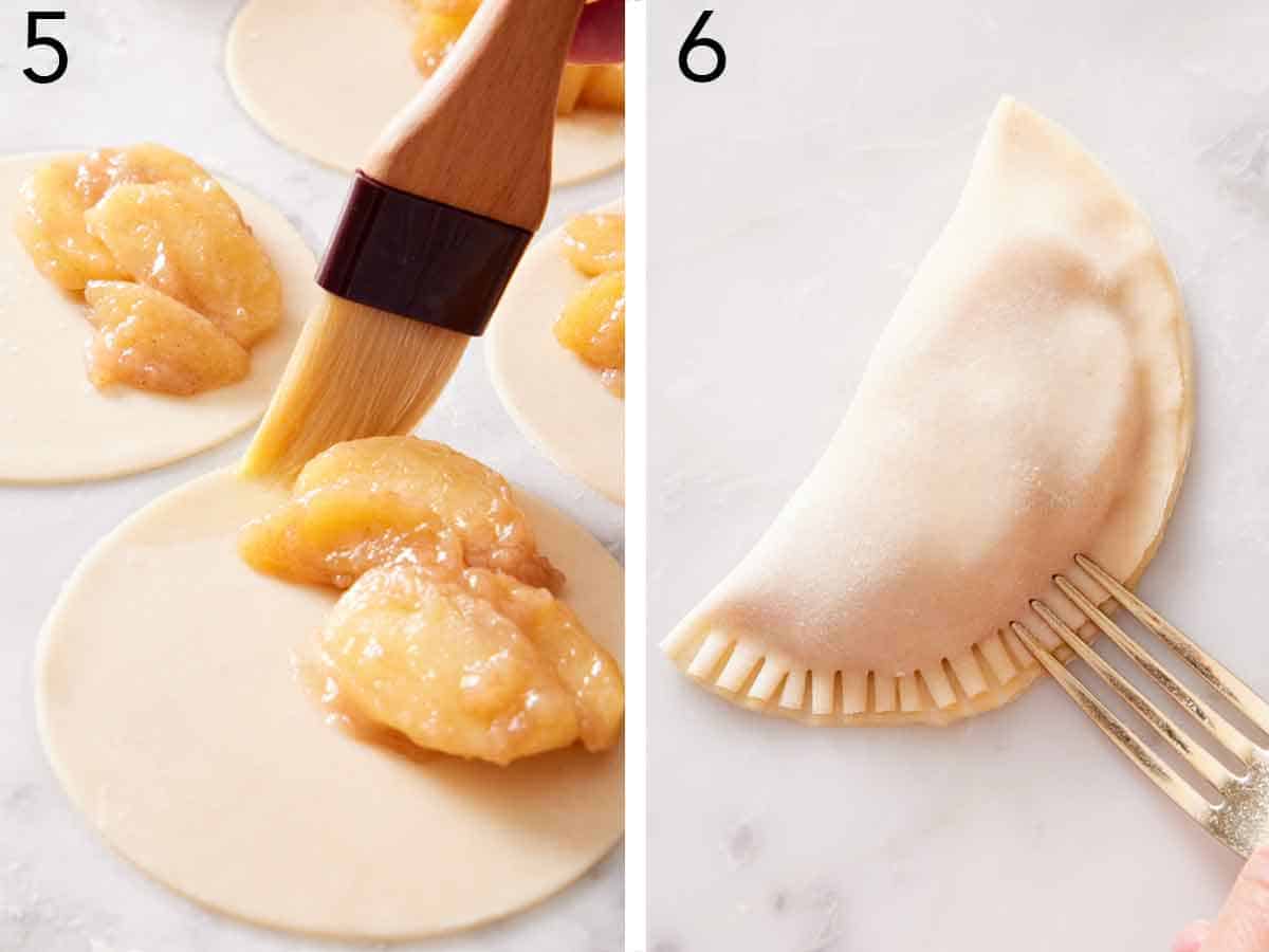 Set of two photos showing egg brushed onto the pie crust and then folded and pressed together with a fork.