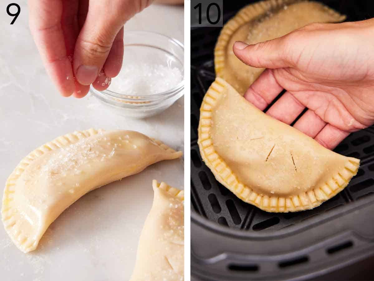 Set of two photos showing coarse sugar sprinkled onto the hand pie and placed into an air fryer basket.