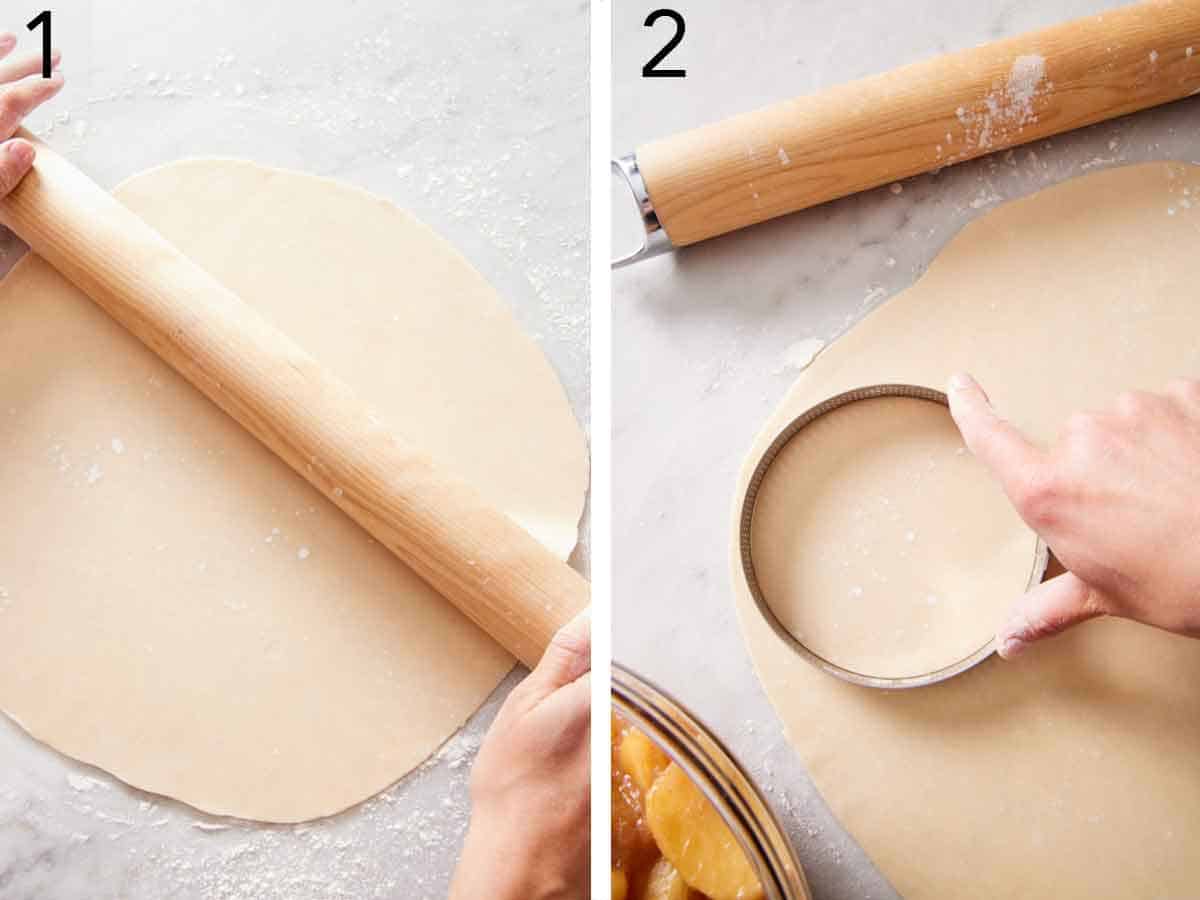 Set of two photos showing dough rolled and cut into rounds.