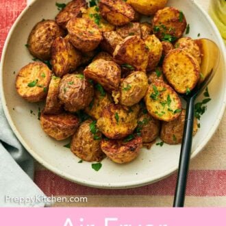 Pinterest graphic of air fryer potatoes in a plate with a spoon.