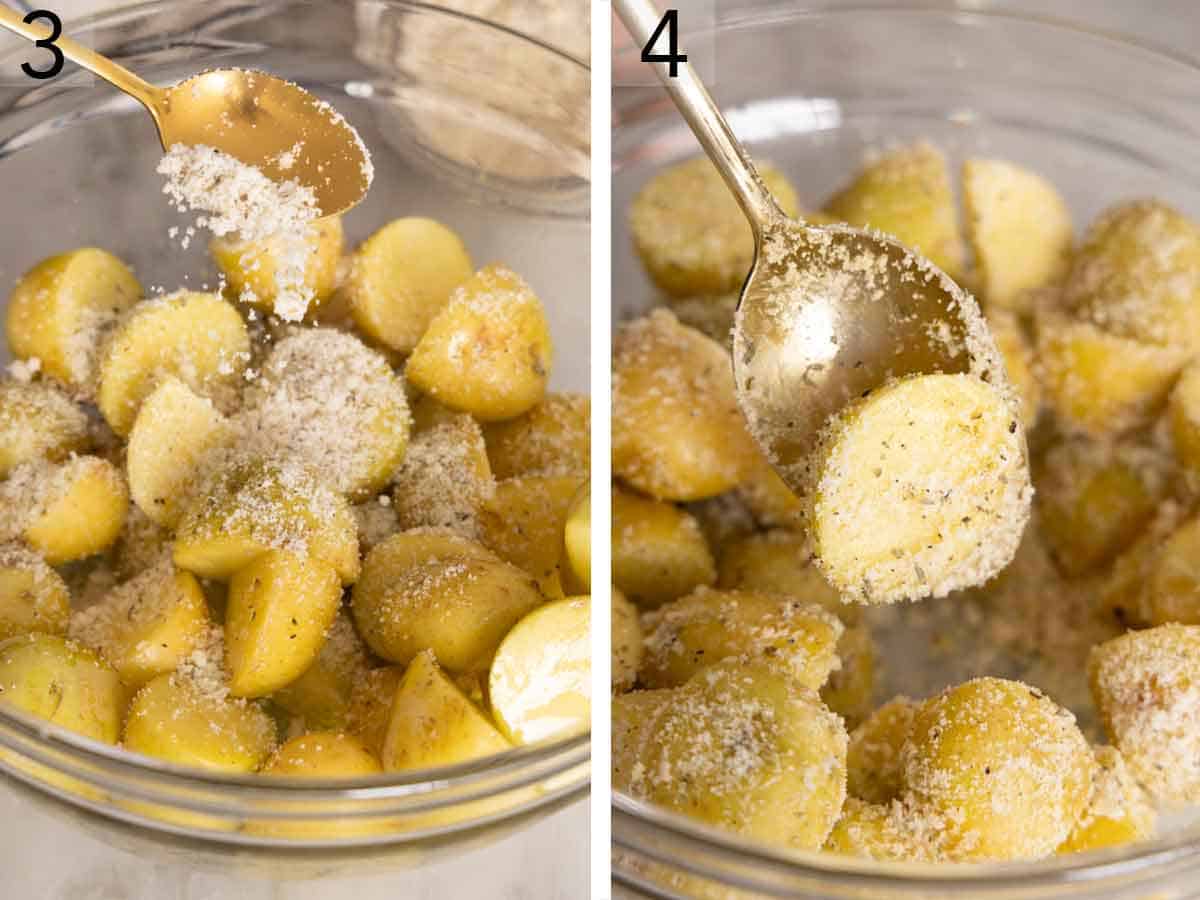 Set of two photos showing seasoning and parmesan added and tossed to combine.