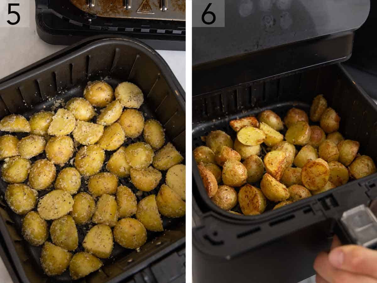 Set of two photos showing potatoes added to an air fryer basket and air fried.