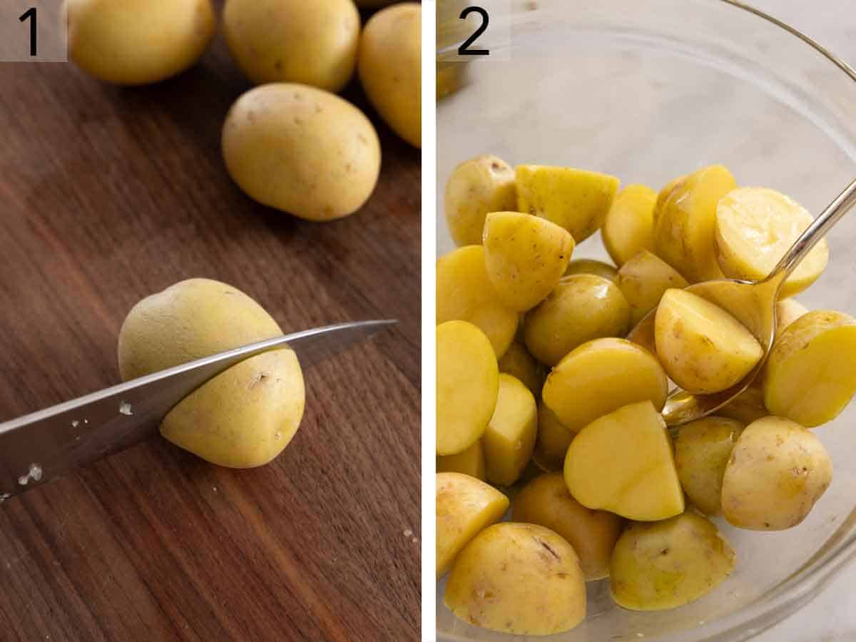 Set of two photos showing baby potatoes chopped and coated in oil.