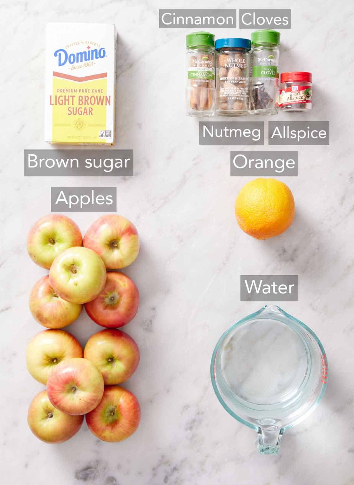 Ingredients needed to make homemade apple cider recipe.