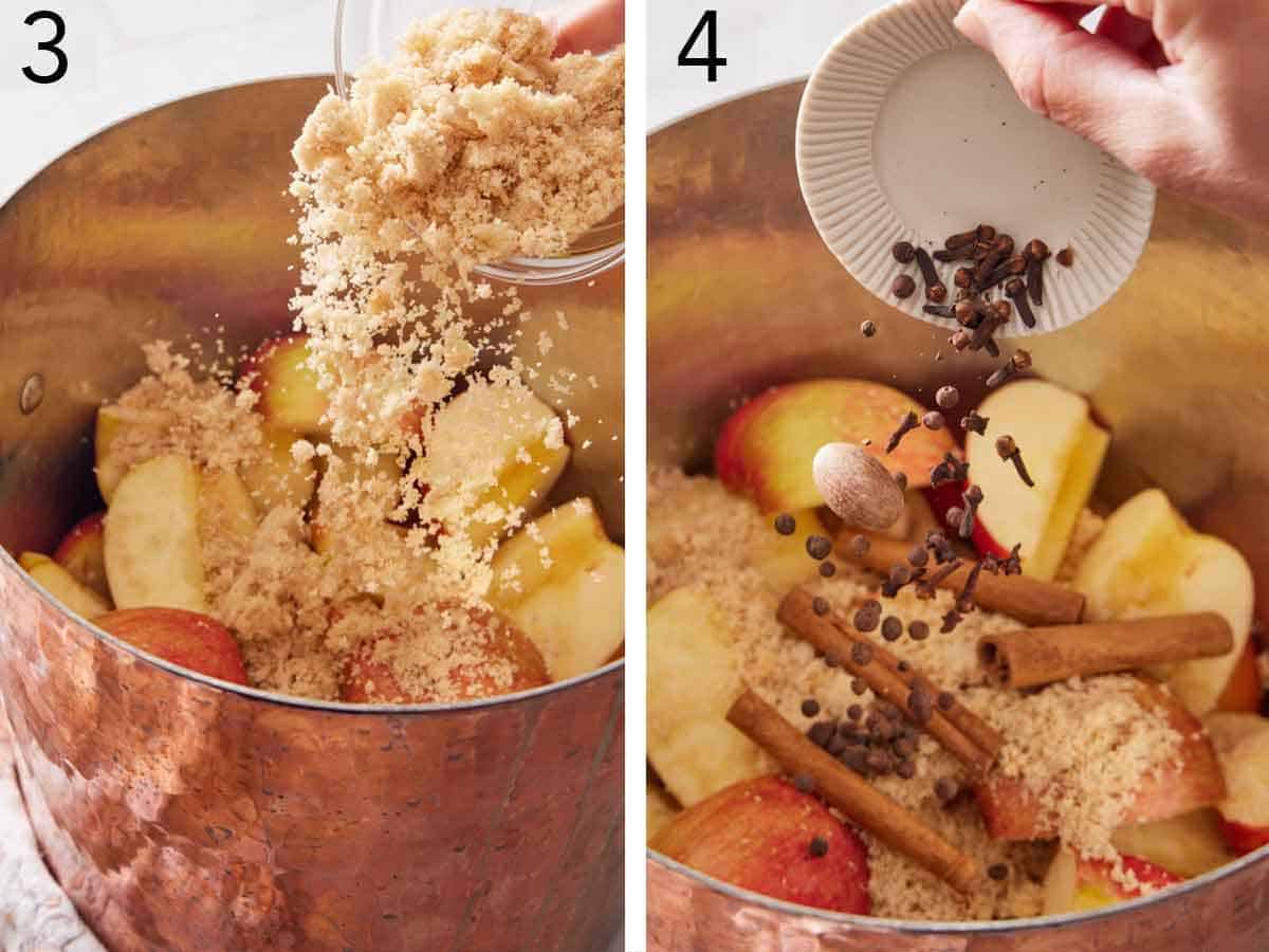 Set of two photos showing brown sugar and spices added to the with the fruit.