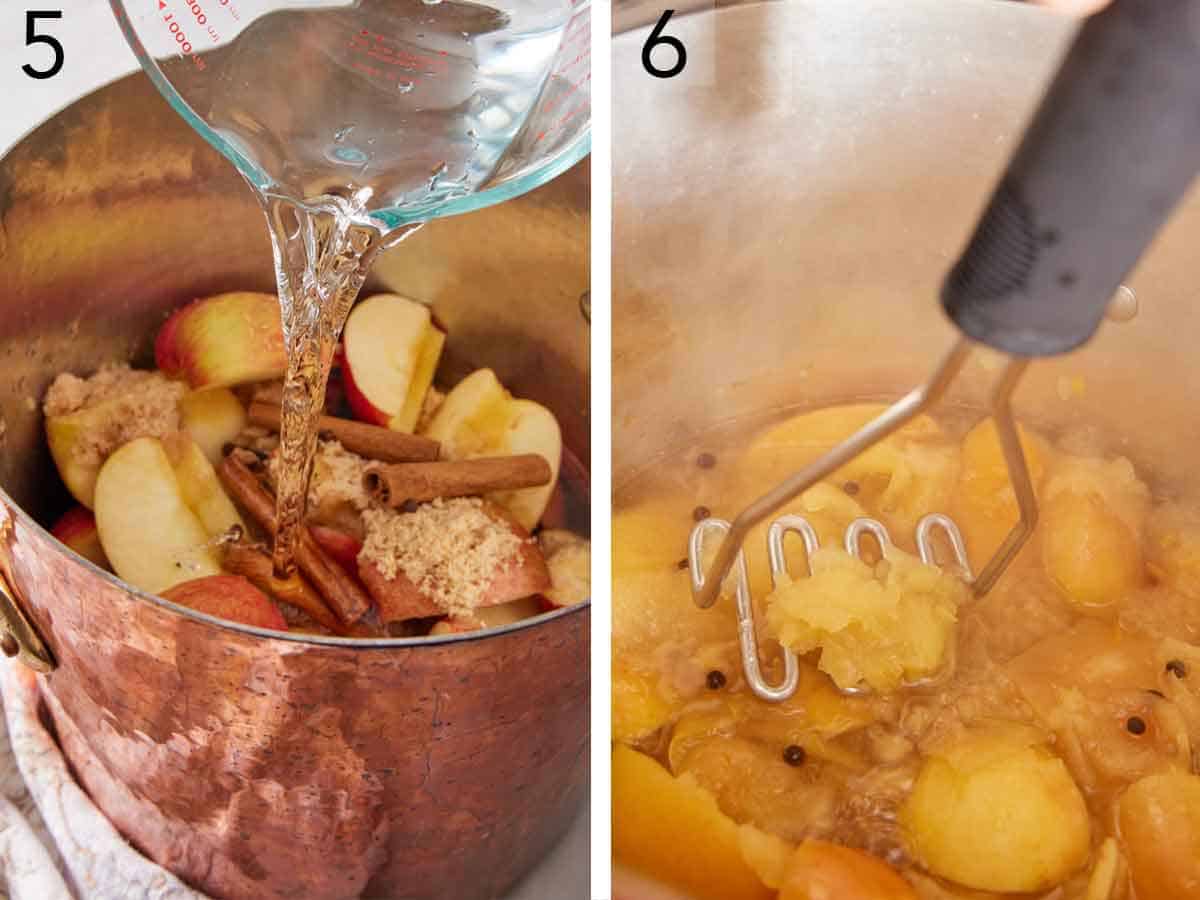 Set of two photos showing water added to the pot and everything mashed.