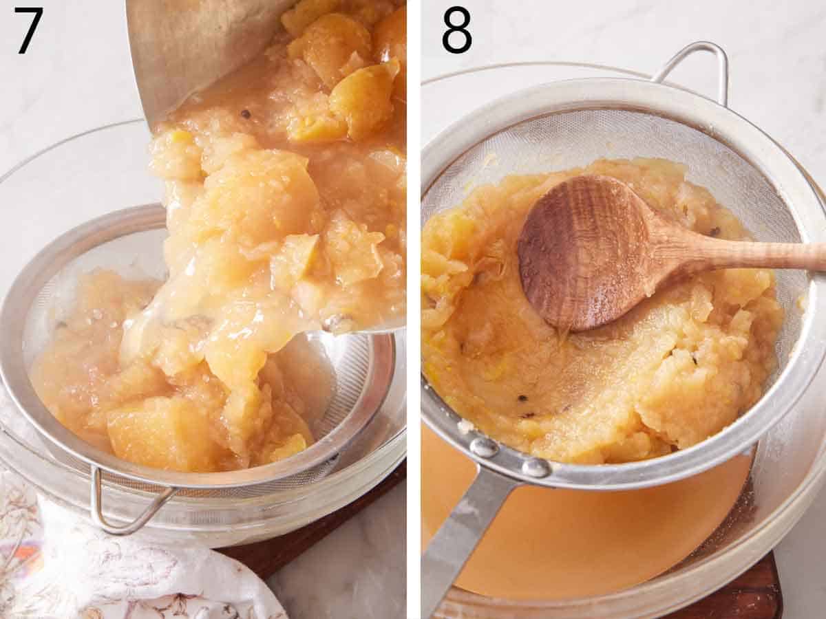 Set of two photos showing mixture run through a sieve and pushed down with a wooden spoon.