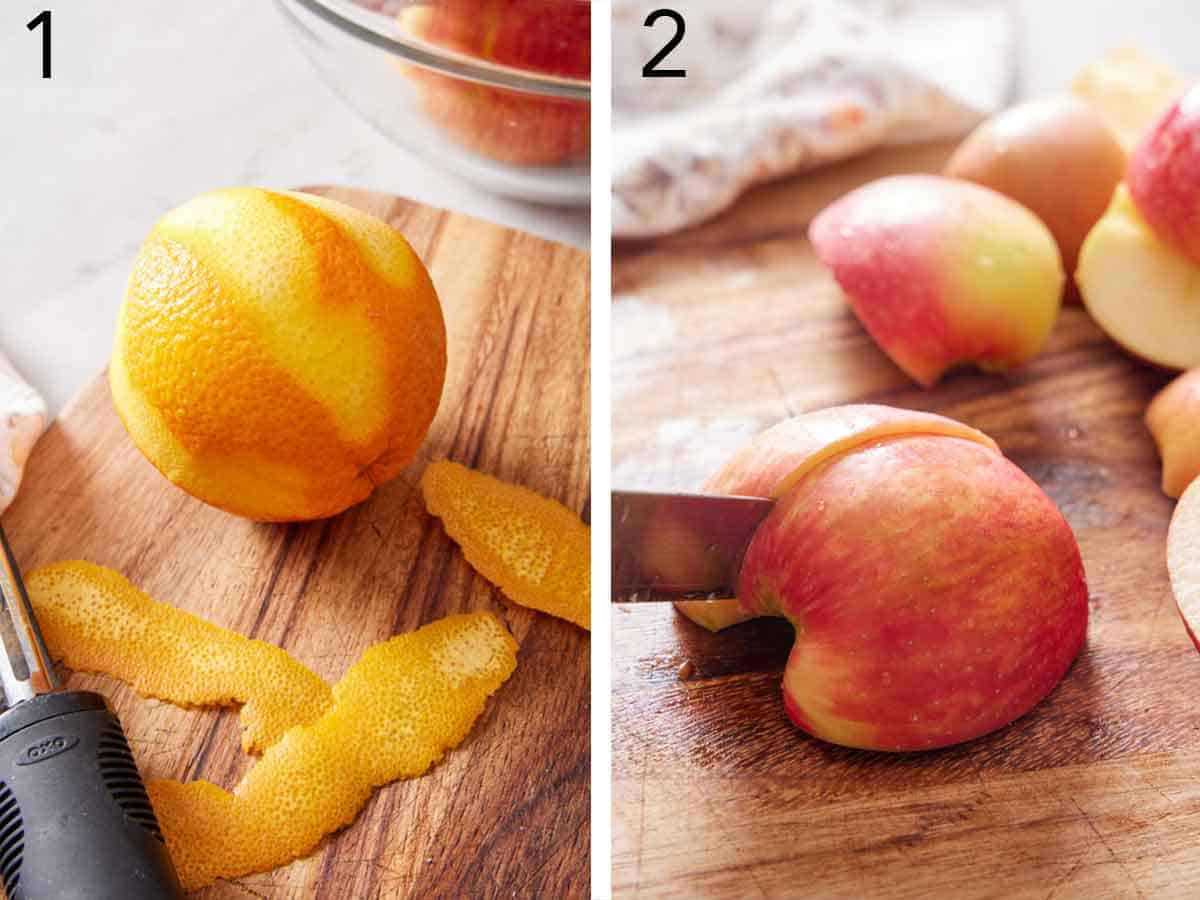 Set of two photos showing an orange peeled and an apple cut.