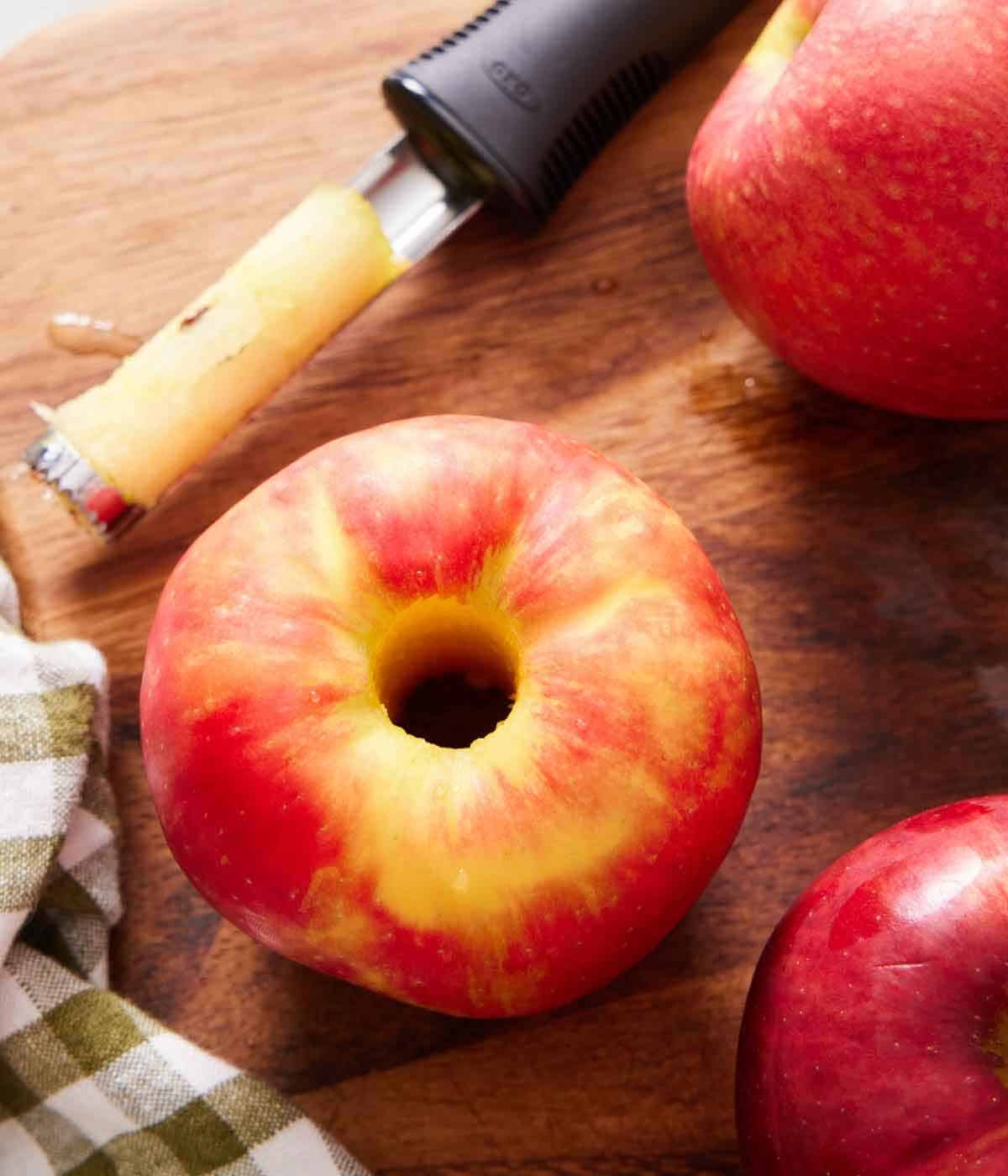 An apple cored with an apple corer.