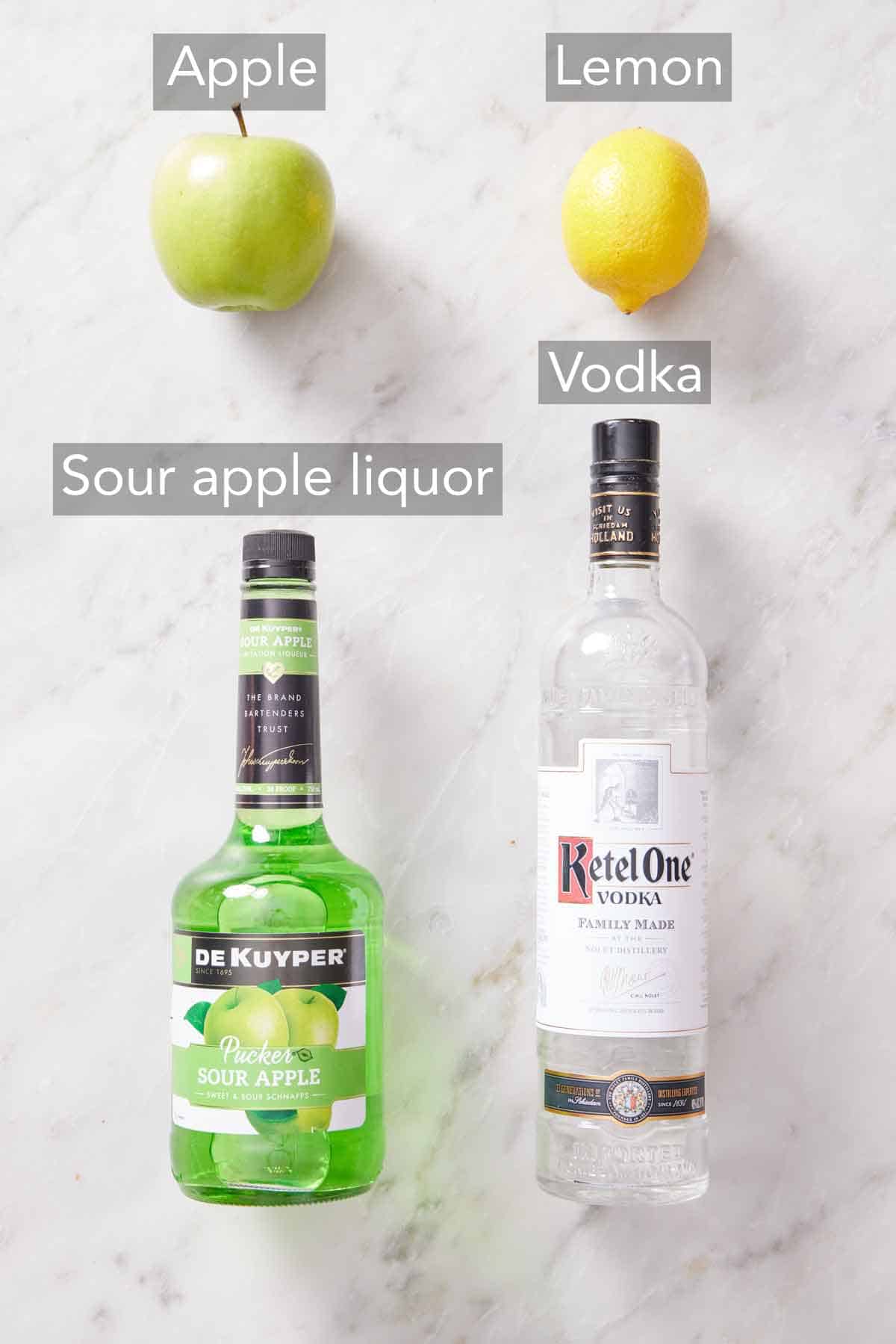 Ingredients needed to make apple martini.