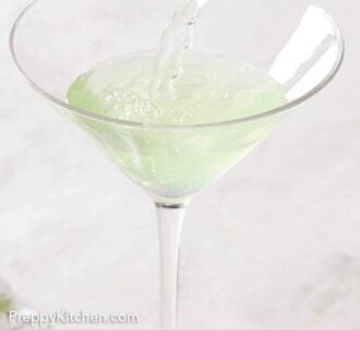 Pinterest graphic of a glass with an apple martini poured in from a cocktail shaker.