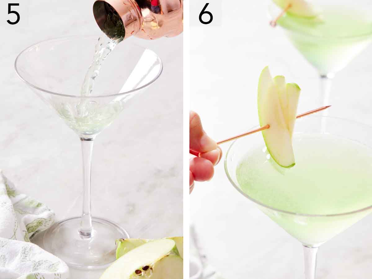 Set of two photos showing the cocktail poured into a glass and garnish added on top.