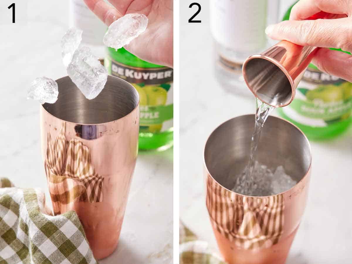 Set of two photos showing ice and vodka poured into a cocktail shaker.